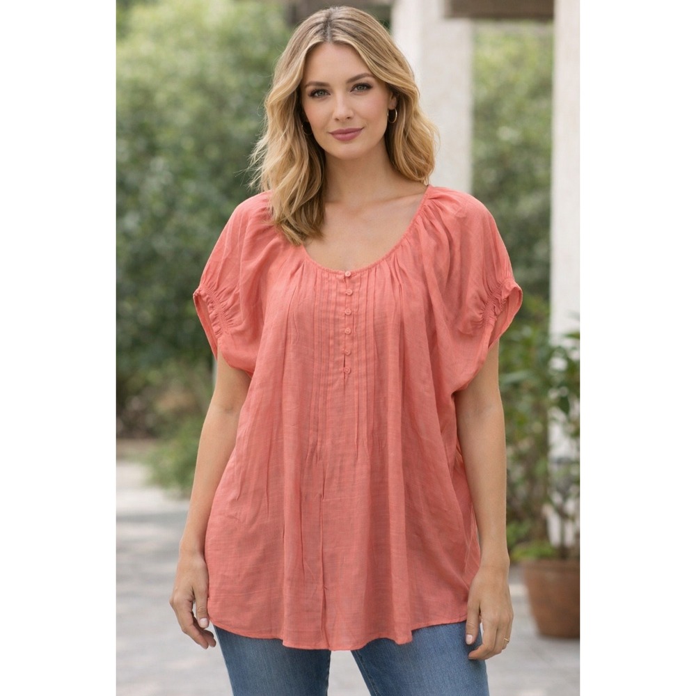 Bit & Bridle Flowy Top Womens Plus 3X Button Front Pleated Lagenlook Rayon Peach